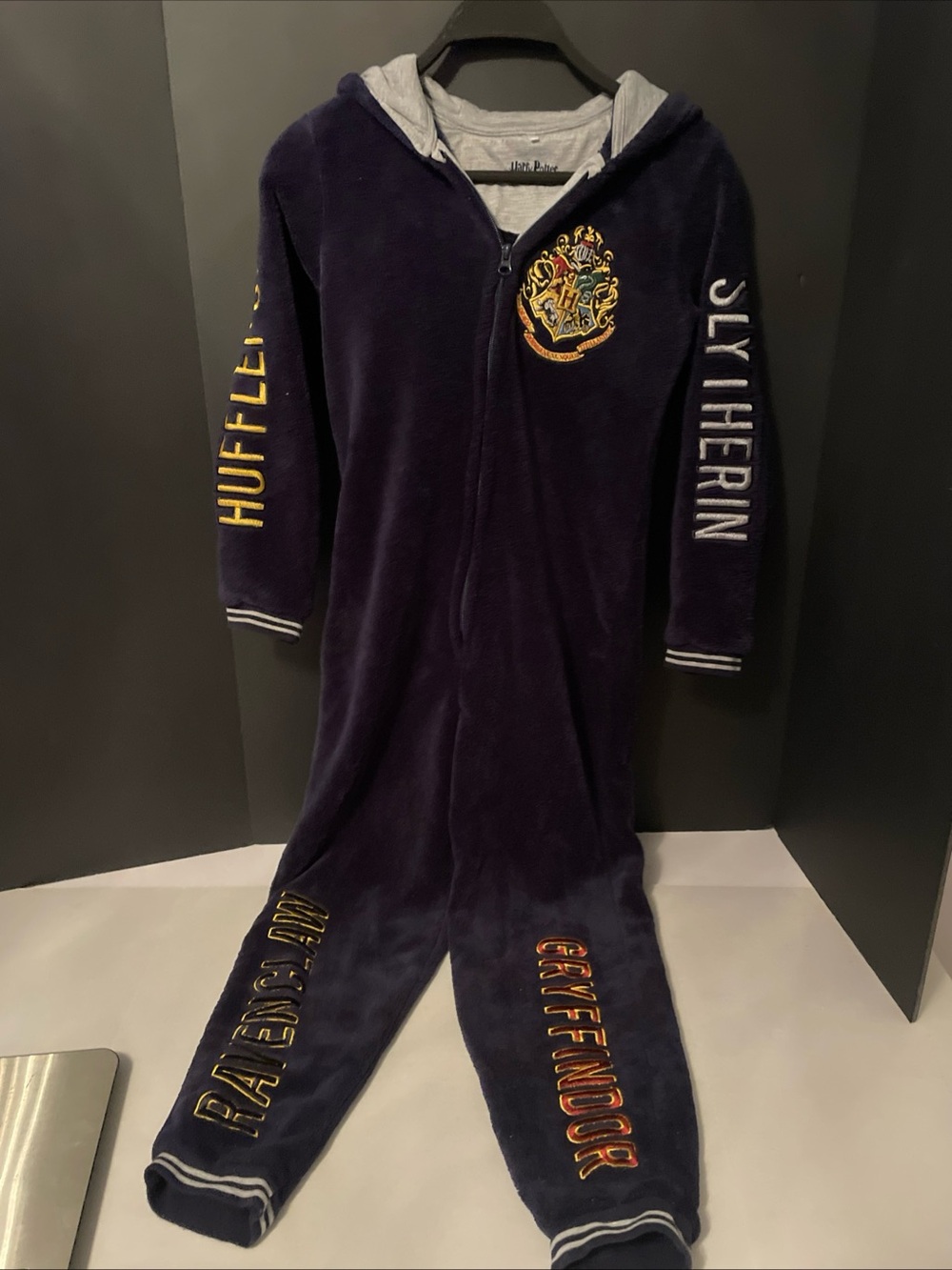 Harry Potter Kids 10-11 Slytherin One- Piece Pajama Fleece Navy Blue Zip Up